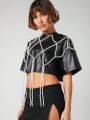 Asavvy SHEIN SXY Drop Shoulder Beaded Detail Crop PU Leather Top