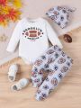 SHEIN Baby Boys' Letter Printed Romper And Long Pants Casual Daily Outfit Set