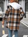 Plaid Print Drop Shoulder Drawstring Hooded Coat