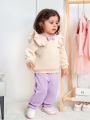 SHEIN Baby Girls' Leisure Cute Bowknot & Flouncing Detail Long Sleeve Sweatshirt And Long Pants Set