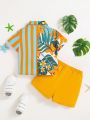 SHEIN Baby Boys' Casual Vacation Leaf Patterned Patchwork Short Sleeve Shirt And Shorts Set With Stripes