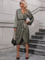 Green Wrap V-neck Lantern Sleeve Maxi Dress