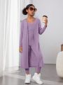 SHEIN Kids Cooltwn Tween Girls' Solid Color Ribbed Knitted Cami Jumpsuit And Long Cardigan Set