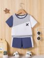 Baby Boys' 2pcs/Set Trendy Airplane Embroidered Color Block Short Sleeve T-Shirt And Shorts, Casual And Versatile For Travel