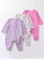 3pcs Baby Girls' Floral Heart Print Romper