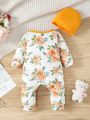 Baby Girl Floral Print Bow Front Contrast Binding Jumpsuit & Hat