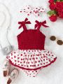 Infant Girls' Cute Stylish Ruffled Suspender Vest Top And Heart Printed Half Skirt Set