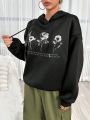 Floral & Slogan Graphic Drop Shoulder Drawstring Hoodie