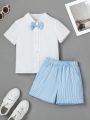 SHEIN Kids FANZEY Toddler Boys' Fine Striped Shorts With Bow Tie Gentleman Suit
