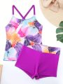 2pcs/Set Tween Girls' Cross-Back Sweet And Cool Y2k Floral Print Leisure Vacation Tank Bikini Set