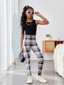 SHEIN Girls' Knitted Plaid Leggings For Daily Casual Wear
