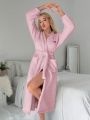 Woman's Plush Robe With Belt And Heart Embroidery
