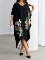 Plus Size Tropical Printed Batwing Sleeve Dress
