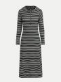 SHEIN Girls' Knit Ribbed Striped Hooded Half Placket Jumper Dress