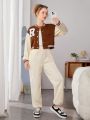 Teen Girls' Letter Patchwork Baseball Jacket And Pants Two Piece Set