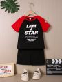 Toddler Boys' Color Block Slogan Print Top And Solid Color Shorts Set