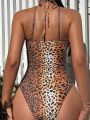 SHEIN Swim SXY Women'S Leopard Print Tie Strap One-Piece Swimsuit