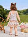 SHEIN Baby Girls' Cute Floral Print Pleated Camisole Top And Color Block Half Skirt Set