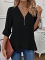 V-neck Zipper Short Sleeve Shirt