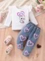 Baby Girls' Rabbit & Heart Printed Ruffled Hem T-Shirt And Jeans Set