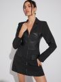 Luxe Lapel Collar Flap Detail PU Leather Blazer Dress