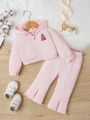 Baby Girl Letter Patched Hooded Jacket & Split Hem Flare Leg Pants