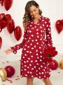 EMERY ROSE Valentine's Day Women Love Heart Print Flare Long Sleeve Dress With Scoop Neckline