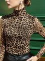 Women'S Leopard Print Turtleneck T-Shirt