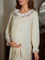 Maternity Floral Embroidered Ruffle Detail Flannel Nightgown