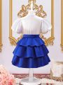 SHEIN Kids Nujoom Young Girls' Casual Short Sleeve Shirt And Layered Cake Skirt Set For Summer