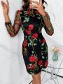 SHEIN Clasi Valentine's Day Women Mesh Patchwork Dress With Floral Pattern