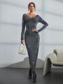 SHEIN Essnce Women's Party Grey Sparkly Long Sleeve Dress