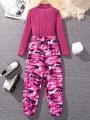 SHEIN Kids HYPEME Big Girls' Solid Color Stand Collar Top And Camo Cargo Pants Set