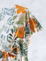 SHEIN Swim Vcay Tropical Print Front Knot Kimono Cardigan