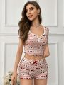 Lace Hem & Neckline Cut Out & Printed Sleepwear Set