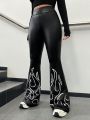 SHEIN Coolane Flame Printed Pu Leather Bell Bottom Pants