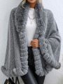 SHEIN Essnce Fuzzy Trim Batwing Sleeve Fuzzy Panel Cape Cardigan