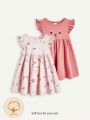 Cozy Cub Baby Girl Cartoon Little Rabbit Pattern Ruffled Round Neckline Empire Waist Dress Set