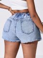 SHEIN Essnce Plus Size Women's Casual High Waist Fitted Frayed Denim Skirt Shorts