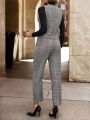 SHEIN Clasi 1pc Plaid Buttoned Vest Jacket And 1pc Suit Pants Set