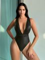 SHEIN Swim Chicsea Pleated Paneled Pu Deep V One-piece Swimsuit