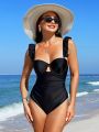 SHEIN Swim Chicsea Women'S Ruffled Shoulder Straps & Pleated Monokini Swimsuit