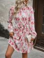 SHEIN LUNE Floral Print Belted Dress