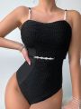 SHEIN Swim Chicsea Ladies' Fashionable One-Piece Swimsuit With Imitation Pearl Decorated Plunging Neckline Design