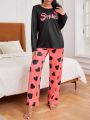 Women's Letter & Heart Patterned Pajama Set