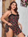 SHEIN Swim Mod Plus Size Women'S Cherry Print Halter One-Piece Swimsuit