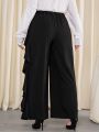 SHEIN Privé Plus Size Elegant Pants With Ruffle Pleated Edge Detail