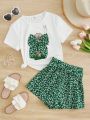 SHEIN Kids SUNSHNE Girls Ditsy Floral & Figure Graphic Bow Detail Tee & Belted Shorts