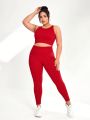 Plus Size Solid Color Racerback Vest And High Waist Leggings Running Exercise Workout Set