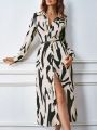 SHEIN LUNE Printed Buttoned Long Sleeve Shirt Style Dress (belt Not Included)